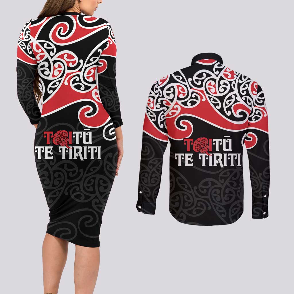 Aotearoa Toitu Te Tiriti Couples Matching Long Sleeve Bodycon Dress and Long Sleeve Button Shirt New Zealand Stand Together Stand Stronger LT9 - Polynesian Pride