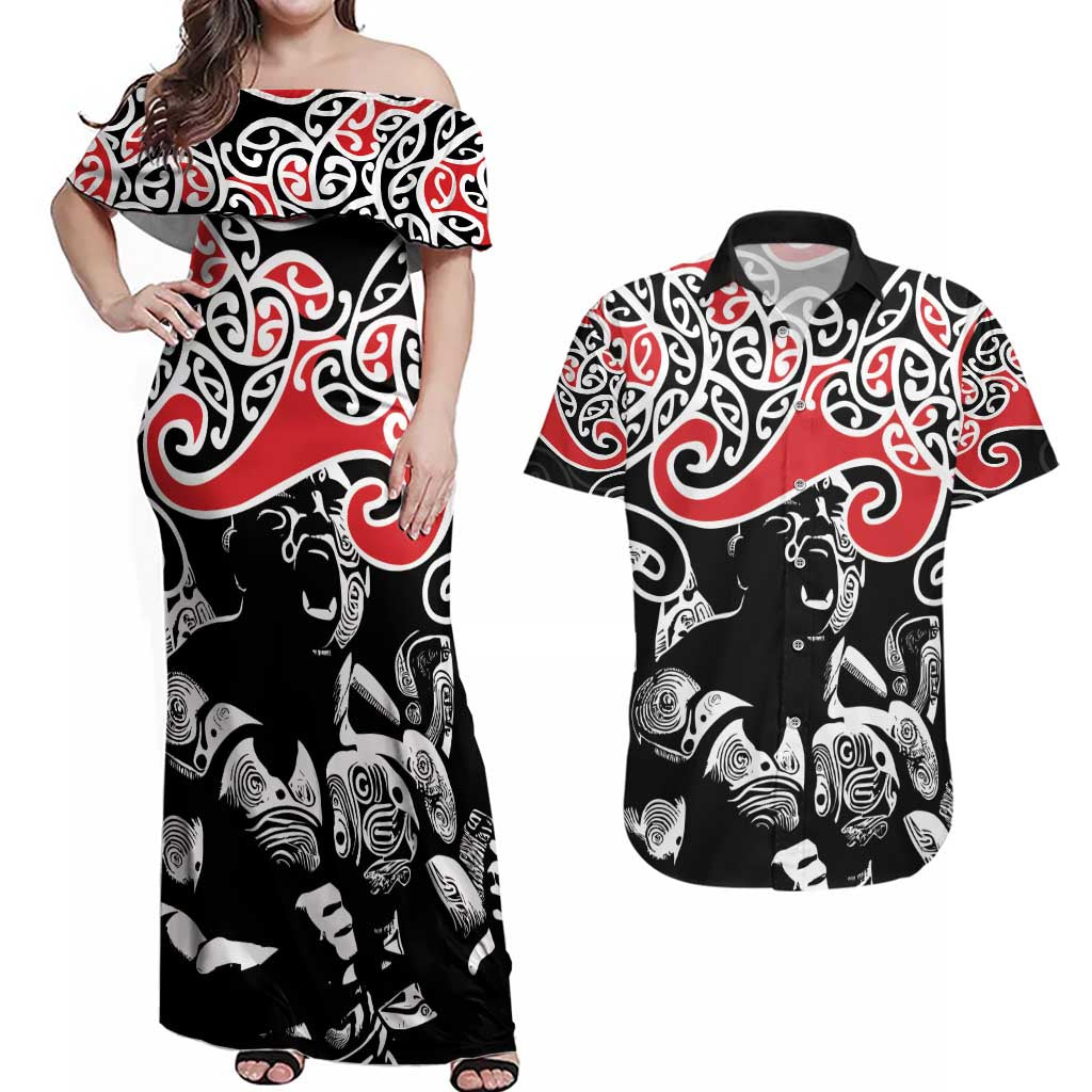 Aotearoa Toitu Te Tiriti Couples Matching Off Shoulder Maxi Dress and Hawaiian Shirt New Zealand Stand Together Stand Stronger LT9 Black - Polynesian Pride