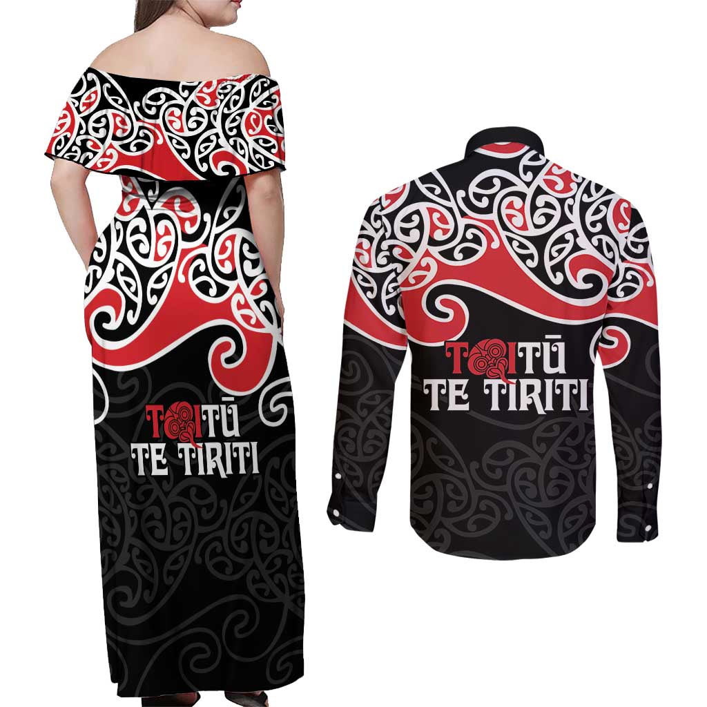 Aotearoa Toitu Te Tiriti Couples Matching Off Shoulder Maxi Dress and Long Sleeve Button Shirt New Zealand Stand Together Stand Stronger LT9 - Polynesian Pride