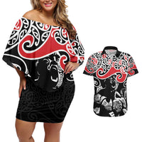 Aotearoa Toitu Te Tiriti Couples Matching Off Shoulder Short Dress and Hawaiian Shirt New Zealand Stand Together Stand Stronger LT9 Black - Polynesian Pride