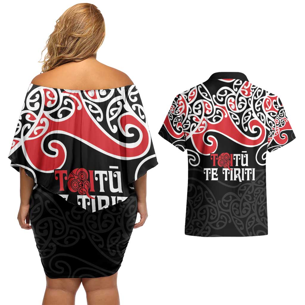 Aotearoa Toitu Te Tiriti Couples Matching Off Shoulder Short Dress and Hawaiian Shirt New Zealand Stand Together Stand Stronger LT9 - Polynesian Pride