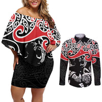 Aotearoa Toitu Te Tiriti Couples Matching Off Shoulder Short Dress and Long Sleeve Button Shirt New Zealand Stand Together Stand Stronger LT9 Black - Polynesian Pride
