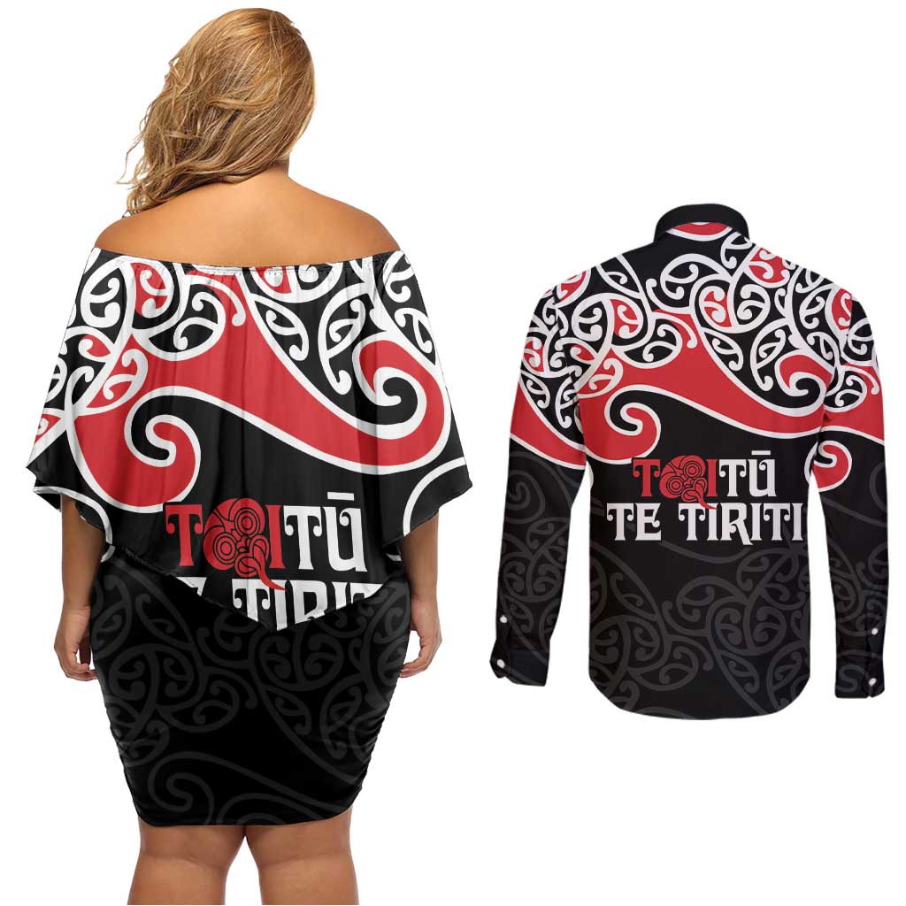 Aotearoa Toitu Te Tiriti Couples Matching Off Shoulder Short Dress and Long Sleeve Button Shirt New Zealand Stand Together Stand Stronger LT9 - Polynesian Pride