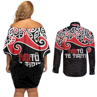 Aotearoa Toitu Te Tiriti Couples Matching Off Shoulder Short Dress and Long Sleeve Button Shirt New Zealand Stand Together Stand Stronger LT9 - Polynesian Pride