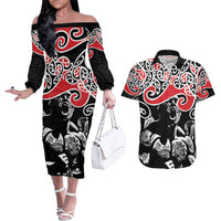 Aotearoa Toitu Te Tiriti Couples Matching Off The Shoulder Long Sleeve Dress and Hawaiian Shirt New Zealand Stand Together Stand Stronger LT9 Black - Polynesian Pride