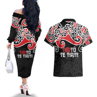 Aotearoa Toitu Te Tiriti Couples Matching Off The Shoulder Long Sleeve Dress and Hawaiian Shirt New Zealand Stand Together Stand Stronger LT9 - Polynesian Pride