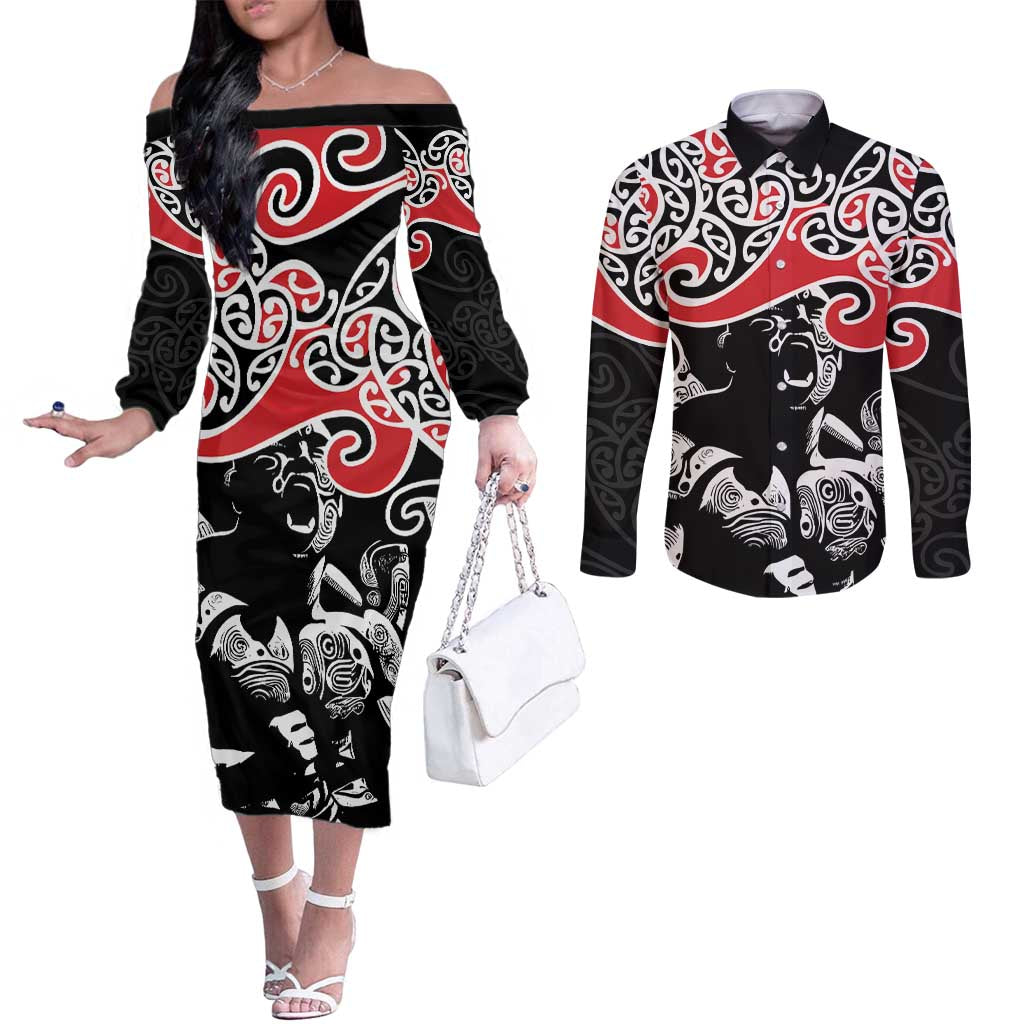 Aotearoa Toitu Te Tiriti Couples Matching Off The Shoulder Long Sleeve Dress and Long Sleeve Button Shirt New Zealand Stand Together Stand Stronger LT9 Black - Polynesian Pride