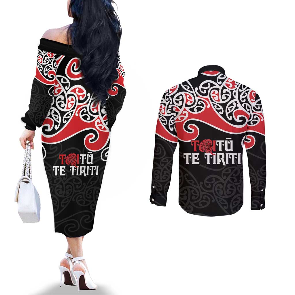 Aotearoa Toitu Te Tiriti Couples Matching Off The Shoulder Long Sleeve Dress and Long Sleeve Button Shirt New Zealand Stand Together Stand Stronger LT9 - Polynesian Pride