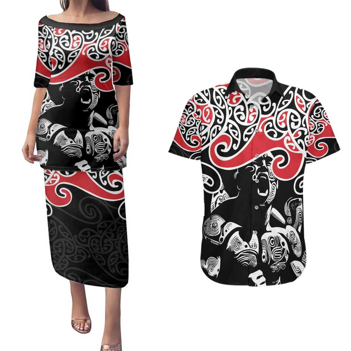 Aotearoa Toitu Te Tiriti Couples Matching Puletasi and Hawaiian Shirt New Zealand Stand Together Stand Stronger LT9 Black - Polynesian Pride