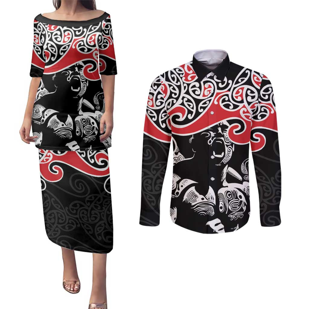 Aotearoa Toitu Te Tiriti Couples Matching Puletasi and Long Sleeve Button Shirt New Zealand Stand Together Stand Stronger LT9 Black - Polynesian Pride
