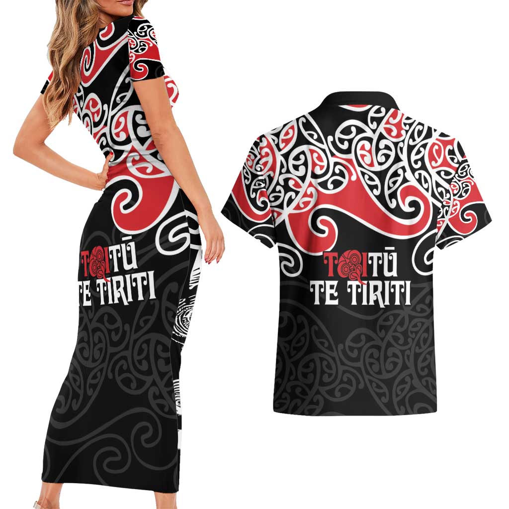 Aotearoa Toitu Te Tiriti Couples Matching Short Sleeve Bodycon Dress and Hawaiian Shirt New Zealand Stand Together Stand Stronger LT9 - Polynesian Pride