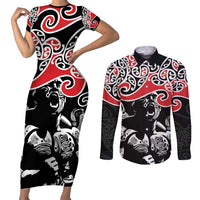Aotearoa Toitu Te Tiriti Couples Matching Short Sleeve Bodycon Dress and Long Sleeve Button Shirt New Zealand Stand Together Stand Stronger LT9 Black - Polynesian Pride