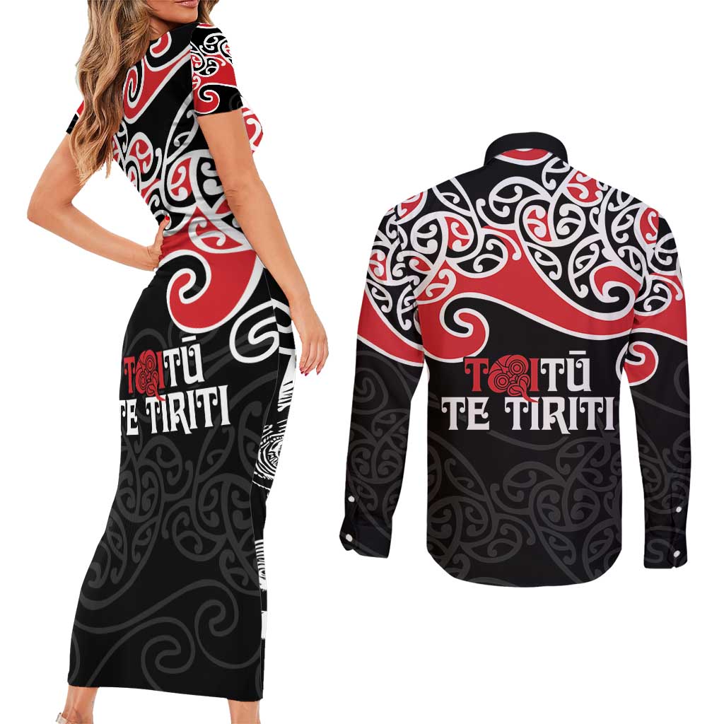 Aotearoa Toitu Te Tiriti Couples Matching Short Sleeve Bodycon Dress and Long Sleeve Button Shirt New Zealand Stand Together Stand Stronger LT9 - Polynesian Pride