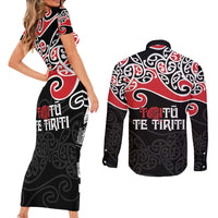Aotearoa Toitu Te Tiriti Couples Matching Short Sleeve Bodycon Dress and Long Sleeve Button Shirt New Zealand Stand Together Stand Stronger LT9 - Polynesian Pride