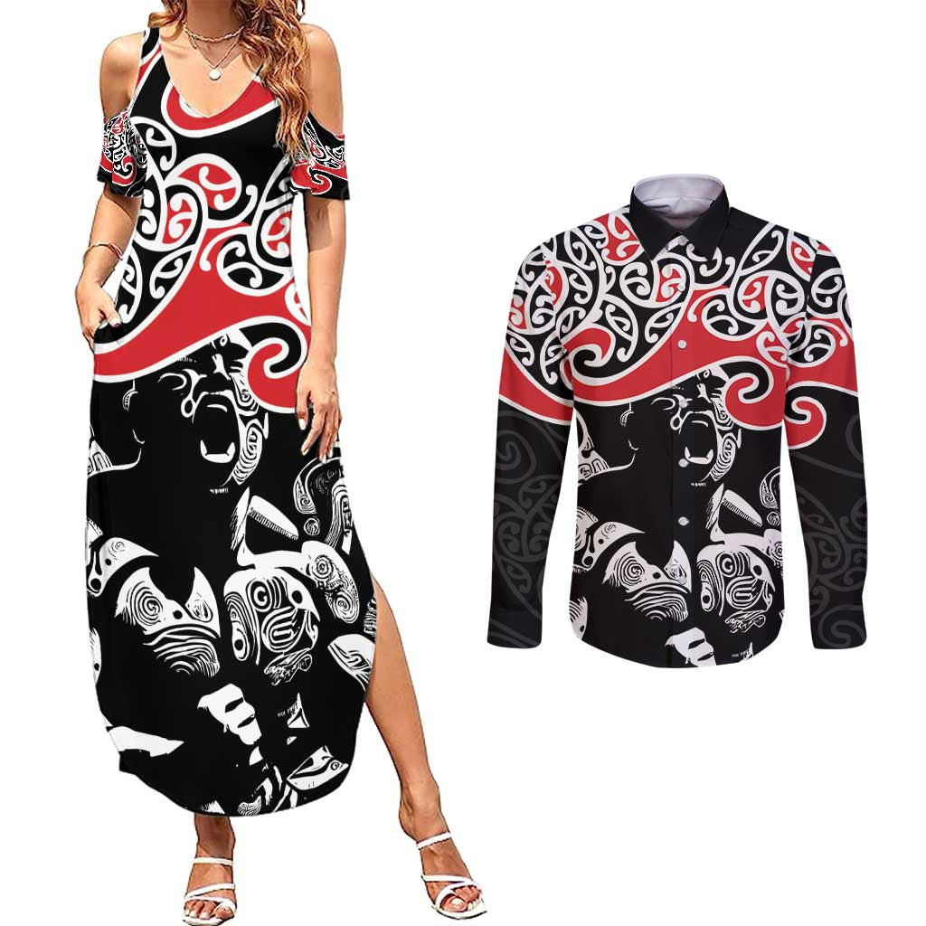 Aotearoa Toitu Te Tiriti Couples Matching Summer Maxi Dress and Long Sleeve Button Shirt New Zealand Stand Together Stand Stronger LT9 Black - Polynesian Pride