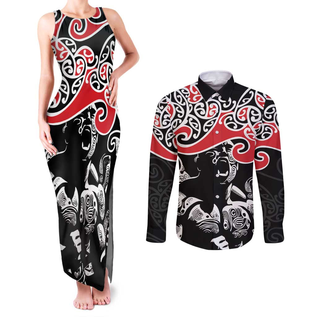 Aotearoa Toitu Te Tiriti Couples Matching Tank Maxi Dress and Long Sleeve Button Shirt New Zealand Stand Together Stand Stronger LT9 Black - Polynesian Pride