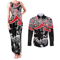 Aotearoa Toitu Te Tiriti Couples Matching Tank Maxi Dress and Long Sleeve Button Shirt New Zealand Stand Together Stand Stronger LT9 Black - Polynesian Pride