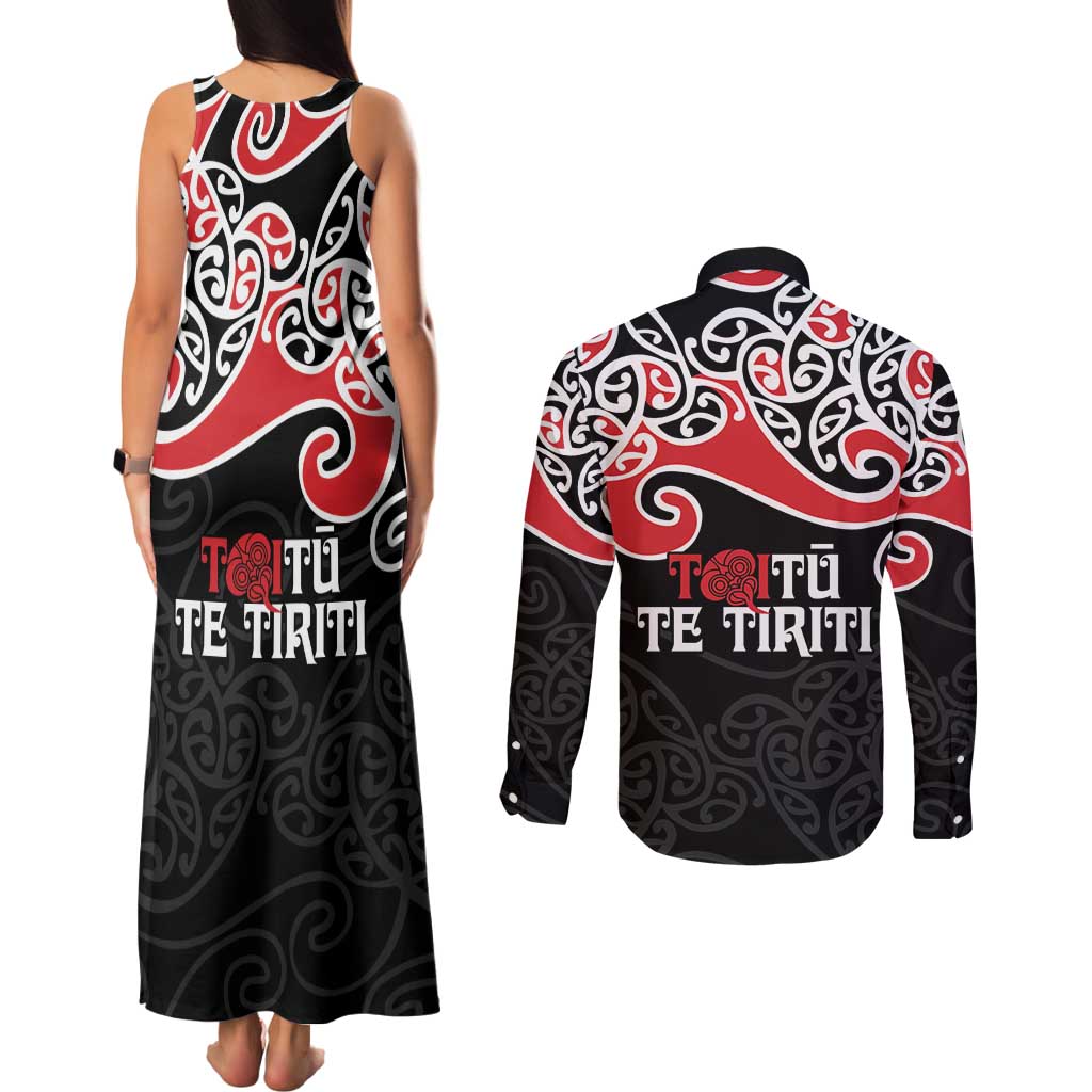 Aotearoa Toitu Te Tiriti Couples Matching Tank Maxi Dress and Long Sleeve Button Shirt New Zealand Stand Together Stand Stronger LT9 - Polynesian Pride