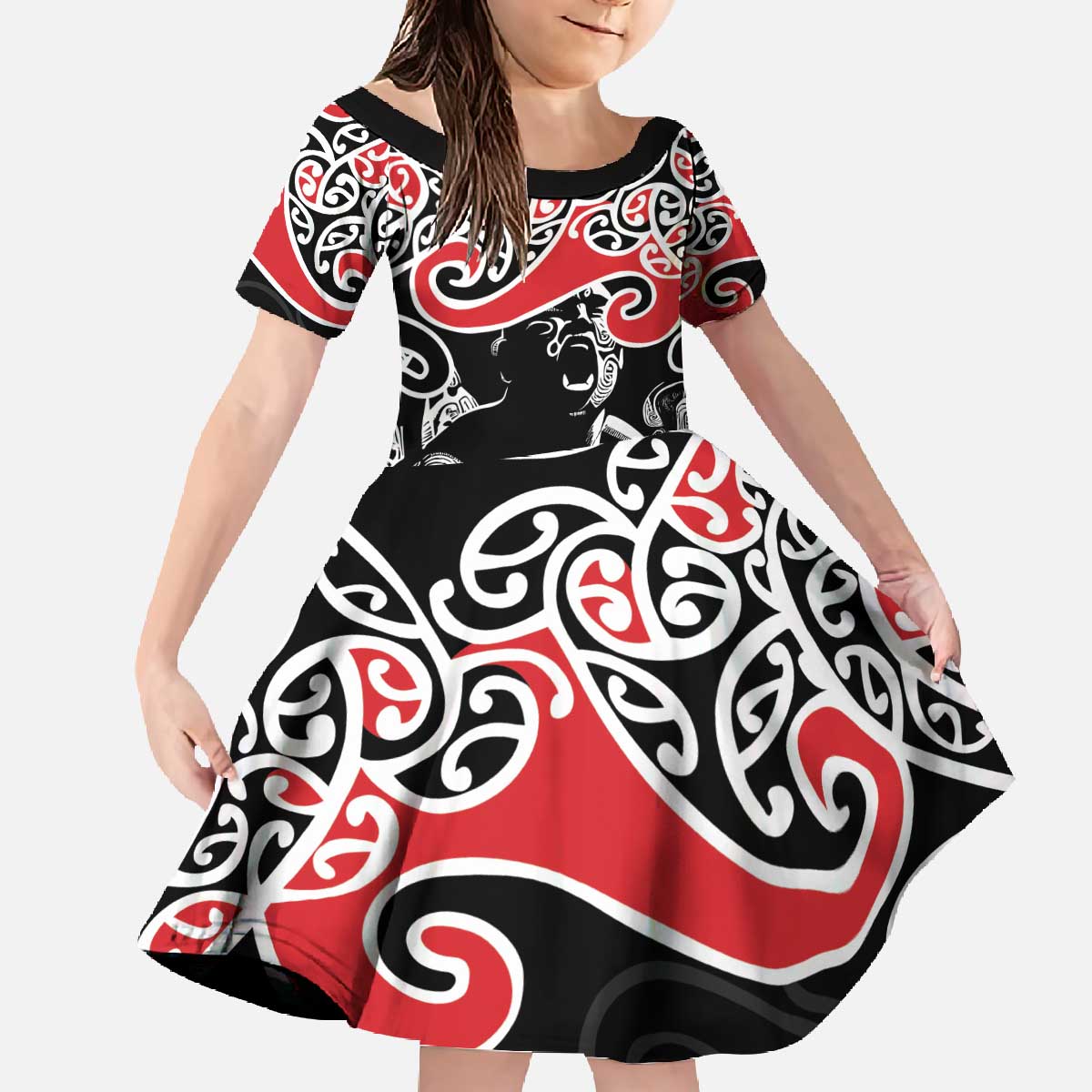 Aotearoa Toitu Te Tiriti Family Matching Off The Shoulder Long Sleeve Dress and Hawaiian Shirt New Zealand Stand Together Stand Stronger LT9 Daughter's Dress Black - Polynesian Pride