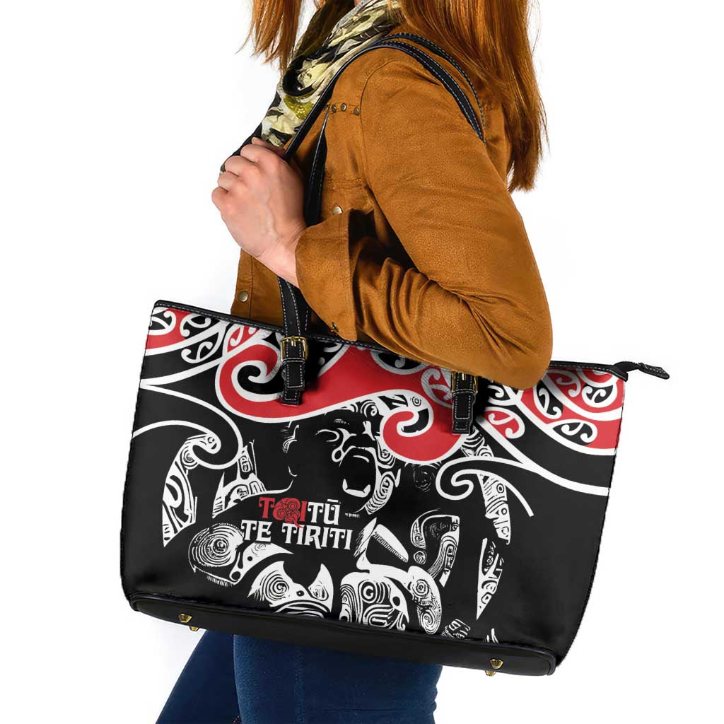 Aotearoa Toitu Te Tiriti Leather Tote Bag New Zealand Stand Together Stand Stronger LT9 Black - Polynesian Pride