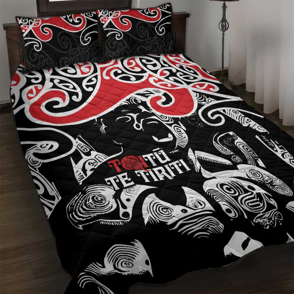 Aotearoa Toitu Te Tiriti Quilt Bed Set New Zealand Stand Together Stand Stronger LT9 Black - Polynesian Pride
