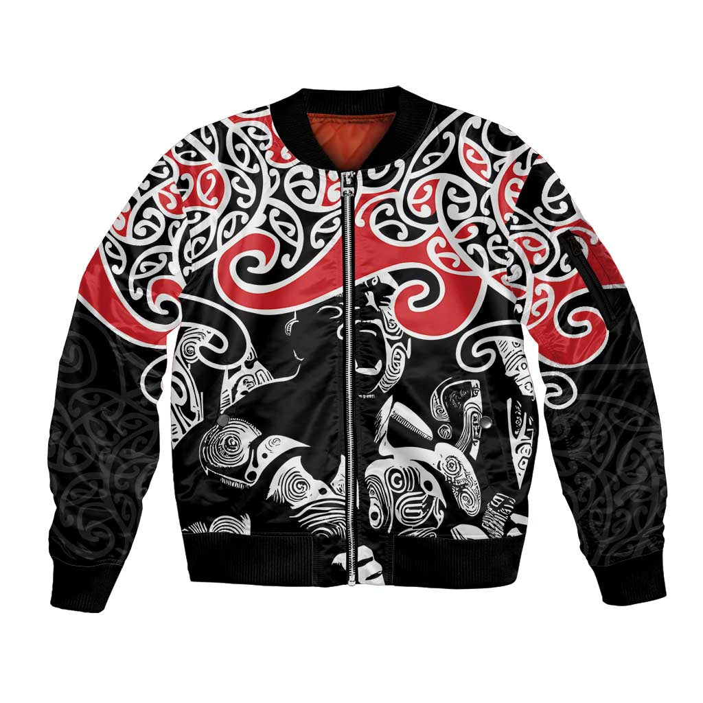 Aotearoa Toitu Te Tiriti Sleeve Zip Bomber Jacket New Zealand Stand Together Stand Stronger LT9 Unisex Black - Polynesian Pride