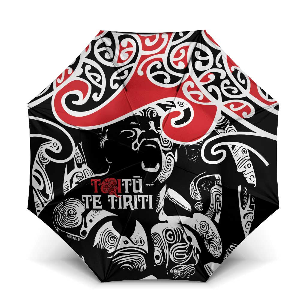 Aotearoa Toitu Te Tiriti Umbrella New Zealand Stand Together Stand Stronger LT9 One Size Folded 11.42 inch Opened Diameter 37.4 inch Black - Polynesian Pride