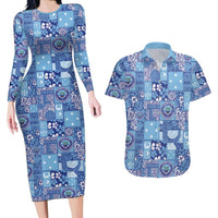 Federated States of Micronesia Merry Christmas Couples Matching Long Sleeve Bodycon Dress and Hawaiian Shirt Pacific Patchwork Xmas Vibes LT9 Blue - Polynesian Pride