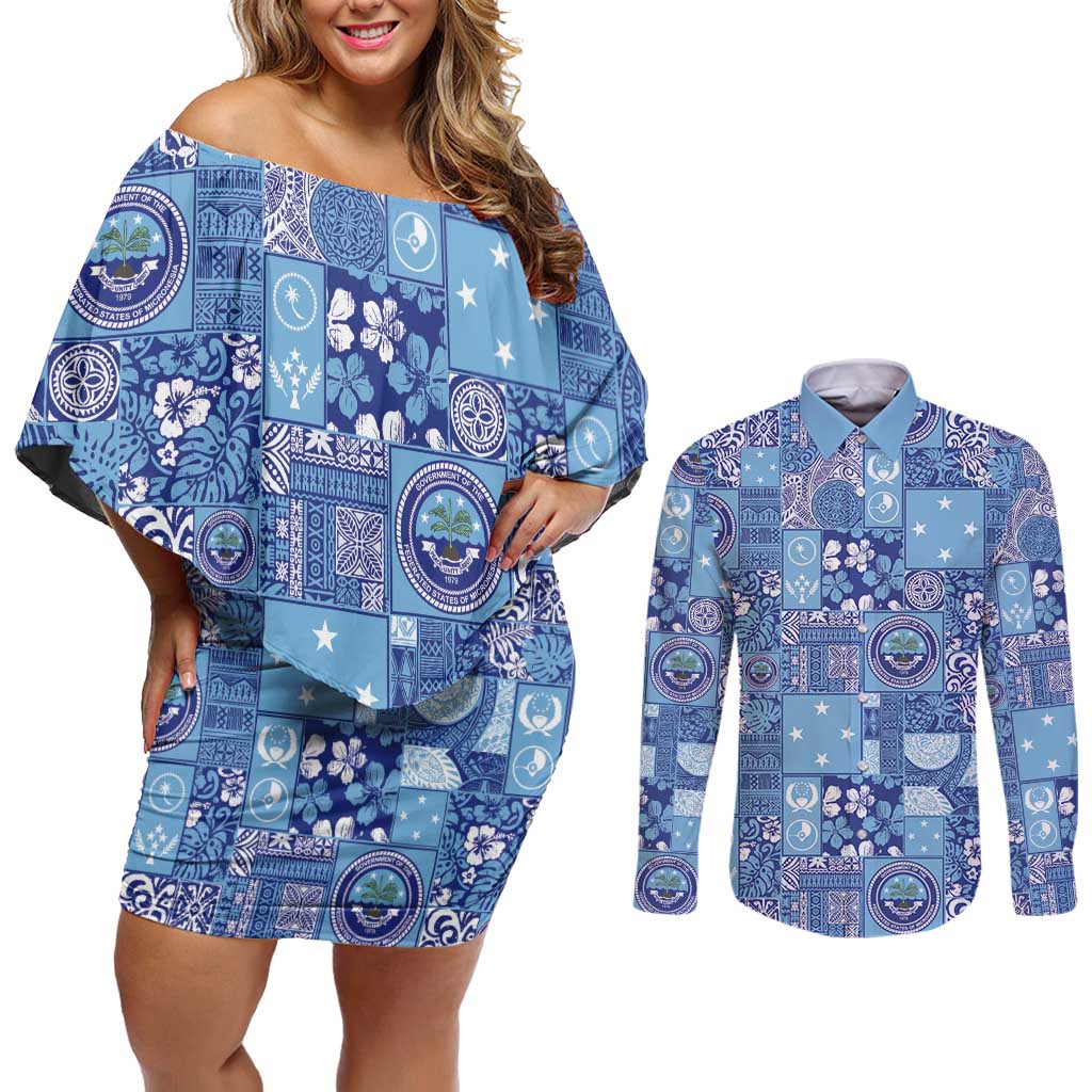 Federated States of Micronesia Merry Christmas Couples Matching Off Shoulder Short Dress and Long Sleeve Button Shirt Pacific Patchwork Xmas Vibes LT9 Blue - Polynesian Pride