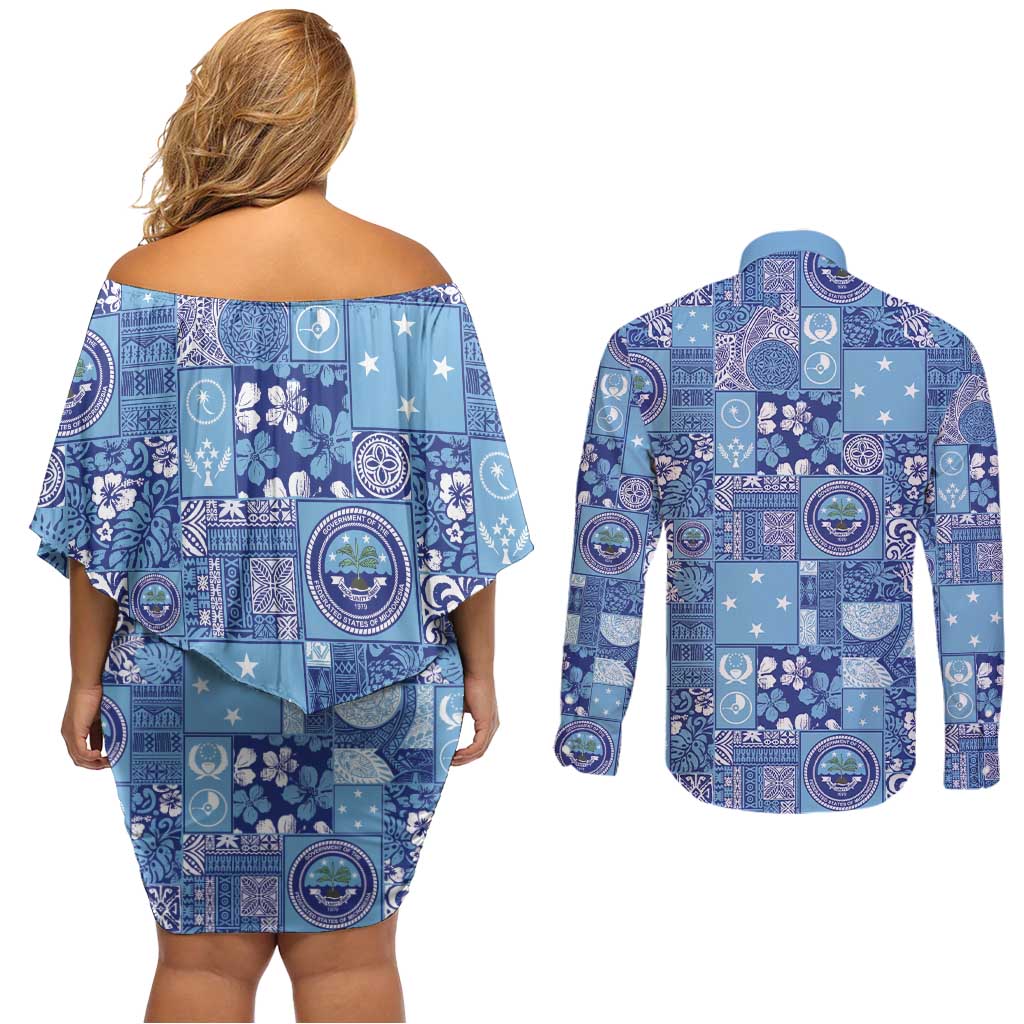 Federated States of Micronesia Merry Christmas Couples Matching Off Shoulder Short Dress and Long Sleeve Button Shirt Pacific Patchwork Xmas Vibes LT9 - Polynesian Pride