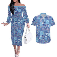 Federated States of Micronesia Merry Christmas Couples Matching Off The Shoulder Long Sleeve Dress and Hawaiian Shirt Pacific Patchwork Xmas Vibes LT9 Blue - Polynesian Pride