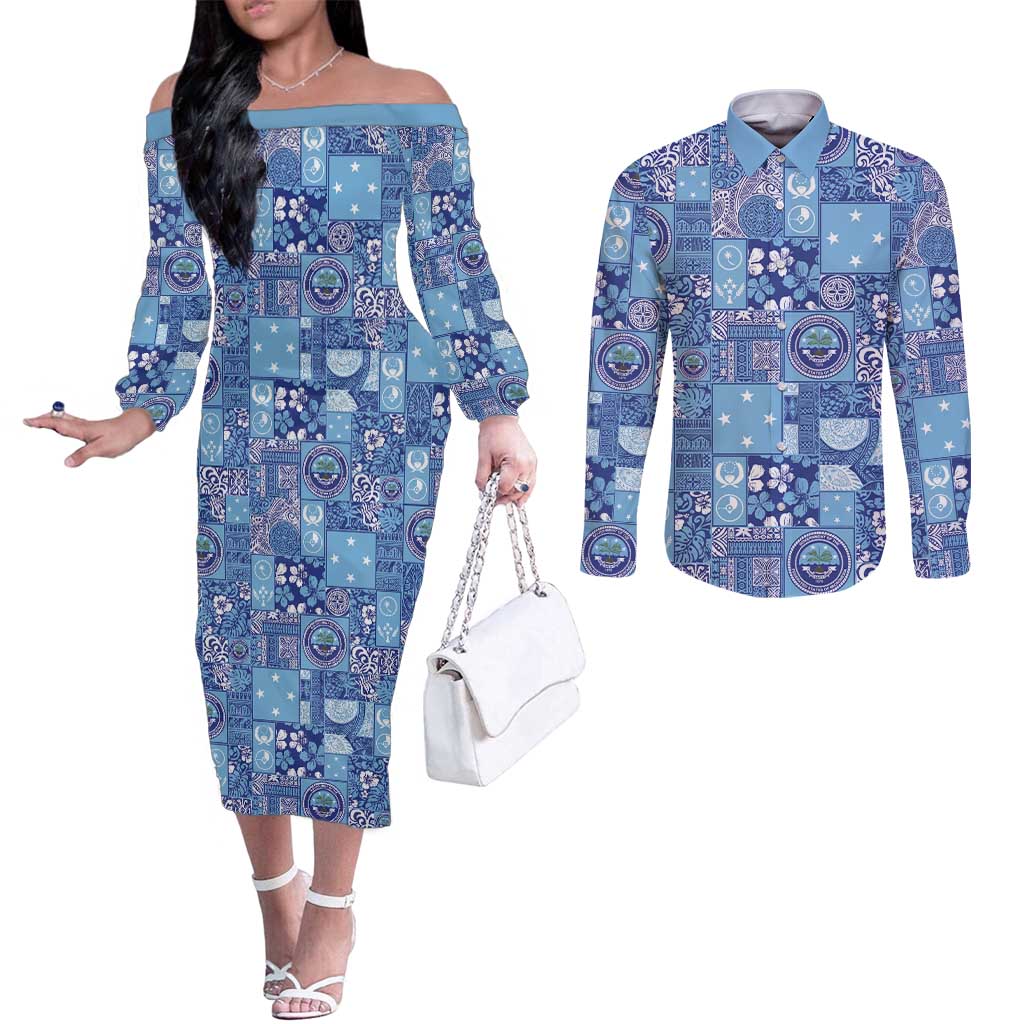 Federated States of Micronesia Merry Christmas Couples Matching Off The Shoulder Long Sleeve Dress and Long Sleeve Button Shirt Pacific Patchwork Xmas Vibes LT9 Blue - Polynesian Pride