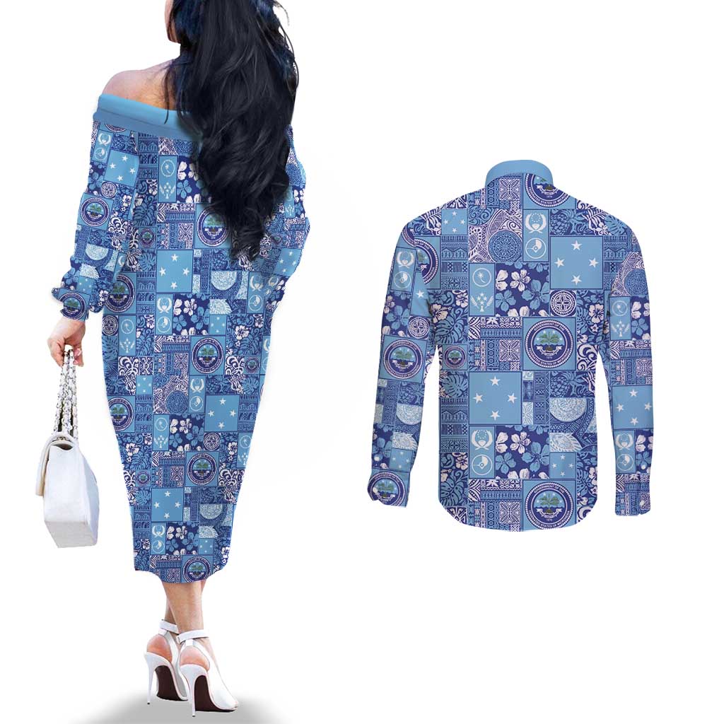 Federated States of Micronesia Merry Christmas Couples Matching Off The Shoulder Long Sleeve Dress and Long Sleeve Button Shirt Pacific Patchwork Xmas Vibes LT9 - Polynesian Pride