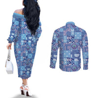 Federated States of Micronesia Merry Christmas Couples Matching Off The Shoulder Long Sleeve Dress and Long Sleeve Button Shirt Pacific Patchwork Xmas Vibes LT9 - Polynesian Pride