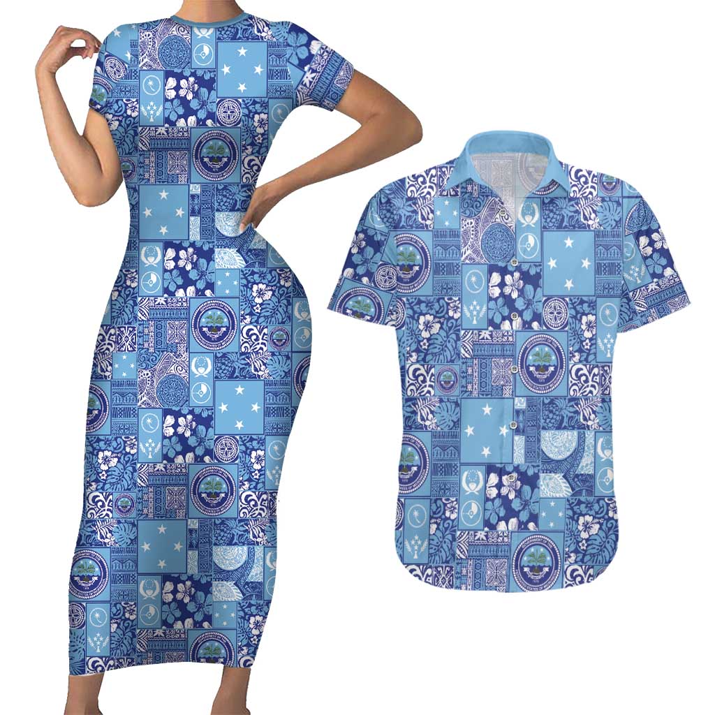 Federated States of Micronesia Merry Christmas Couples Matching Short Sleeve Bodycon Dress and Hawaiian Shirt Pacific Patchwork Xmas Vibes LT9 Blue - Polynesian Pride