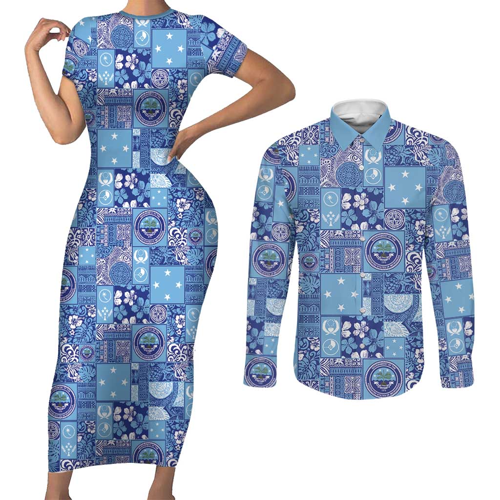 Federated States of Micronesia Merry Christmas Couples Matching Short Sleeve Bodycon Dress and Long Sleeve Button Shirt Pacific Patchwork Xmas Vibes LT9 Blue - Polynesian Pride
