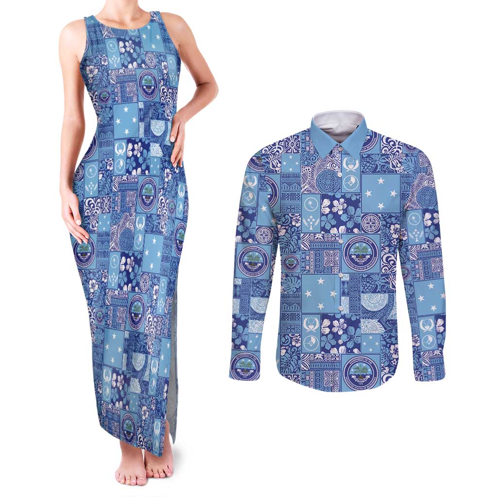 Federated States of Micronesia Merry Christmas Couples Matching Tank Maxi Dress and Long Sleeve Button Shirt Pacific Patchwork Xmas Vibes LT9 Blue - Polynesian Pride
