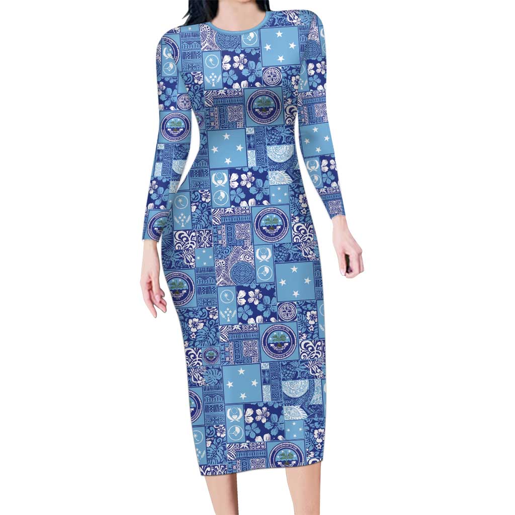 Federated States of Micronesia Merry Christmas Family Matching Long Sleeve Bodycon Dress and Hawaiian Shirt Pacific Patchwork Xmas Vibes LT9 Mom's Dress Blue - Polynesian Pride