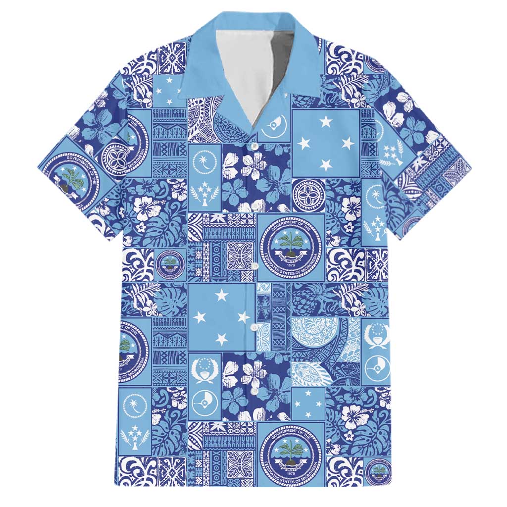 Federated States of Micronesia Merry Christmas Family Matching Mermaid Dress and Hawaiian Shirt Pacific Patchwork Xmas Vibes LT9 Dad's Shirt - Short Sleeve Blue - Polynesian Pride