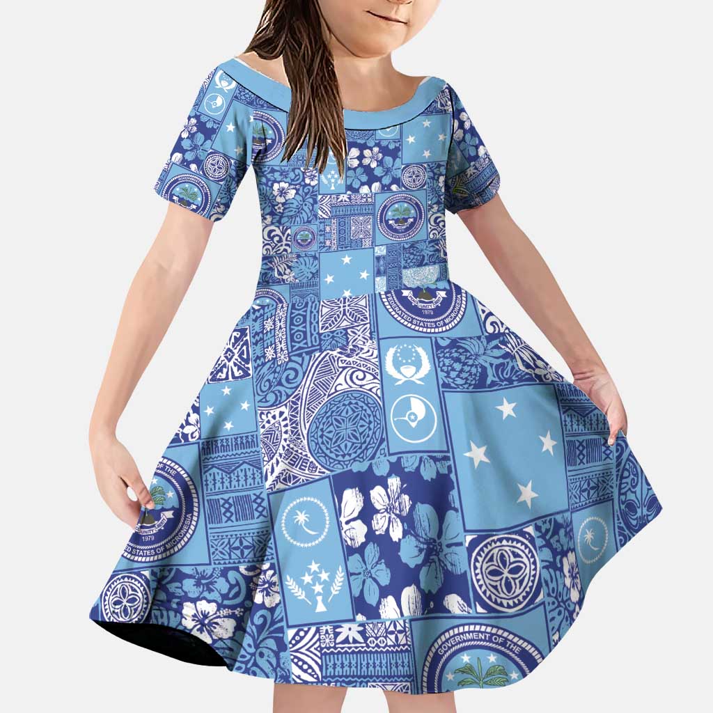 Federated States of Micronesia Merry Christmas Family Matching Off Shoulder Maxi Dress and Hawaiian Shirt Pacific Patchwork Xmas Vibes LT9 Daughter's Dress Blue - Polynesian Pride