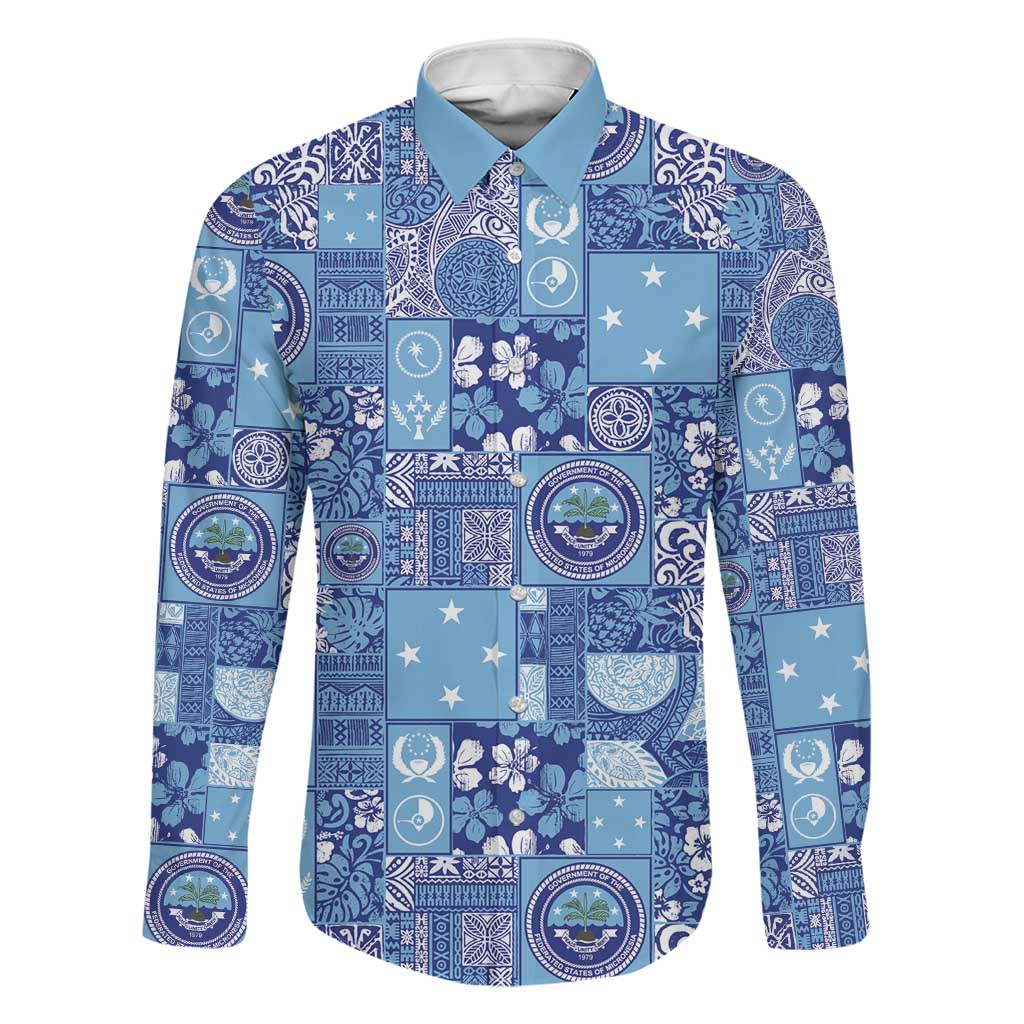 Federated States of Micronesia Merry Christmas Family Matching Off Shoulder Maxi Dress and Hawaiian Shirt Pacific Patchwork Xmas Vibes LT9 Dad's Shirt - Long Sleeve Blue - Polynesian Pride