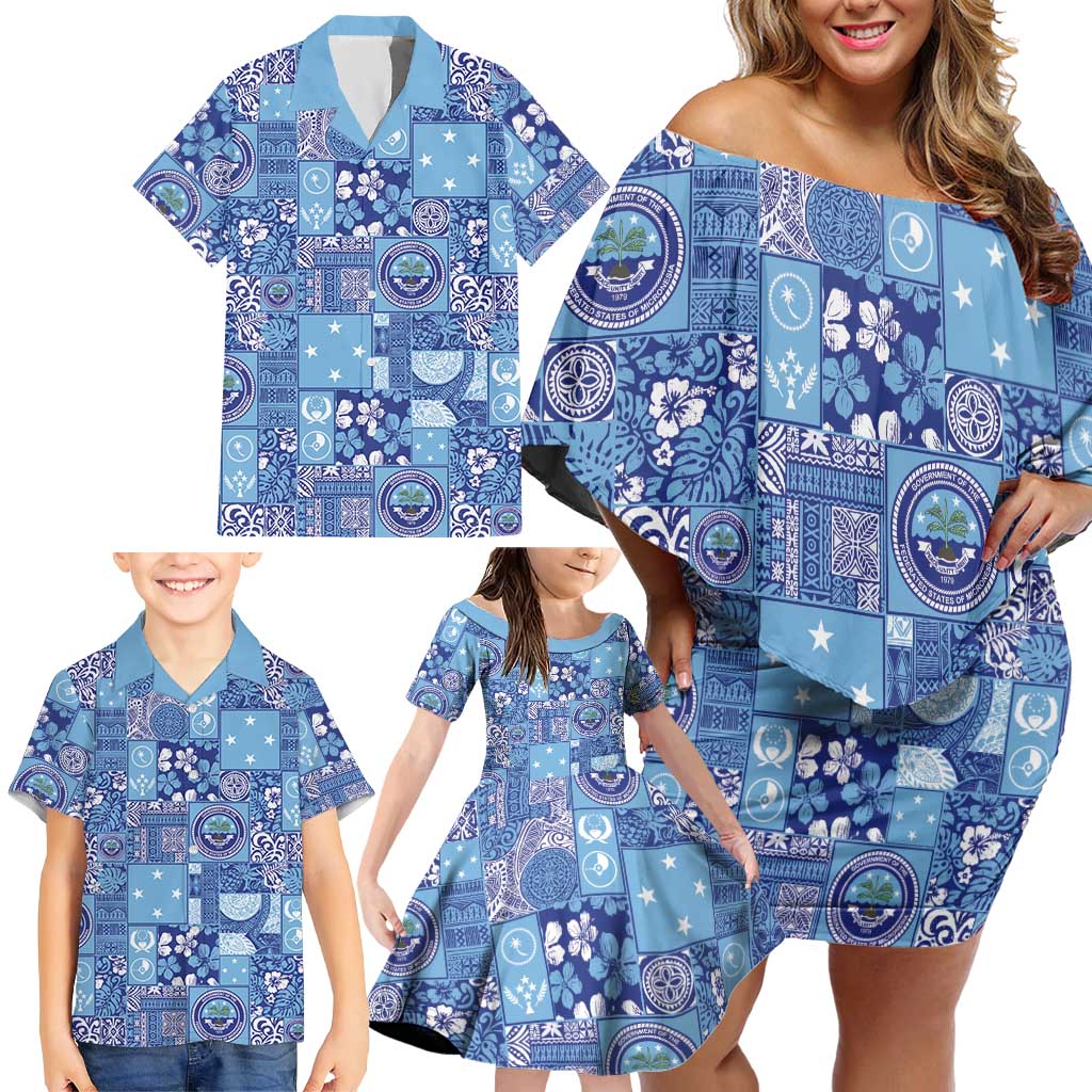 Federated States of Micronesia Merry Christmas Family Matching Off Shoulder Short Dress and Hawaiian Shirt Pacific Patchwork Xmas Vibes LT9 - Polynesian Pride
