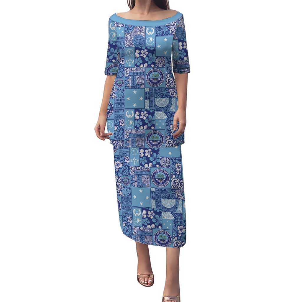 Federated States of Micronesia Merry Christmas Family Matching Puletasi and Hawaiian Shirt Pacific Patchwork Xmas Vibes LT9 Mom's Dress Blue - Polynesian Pride
