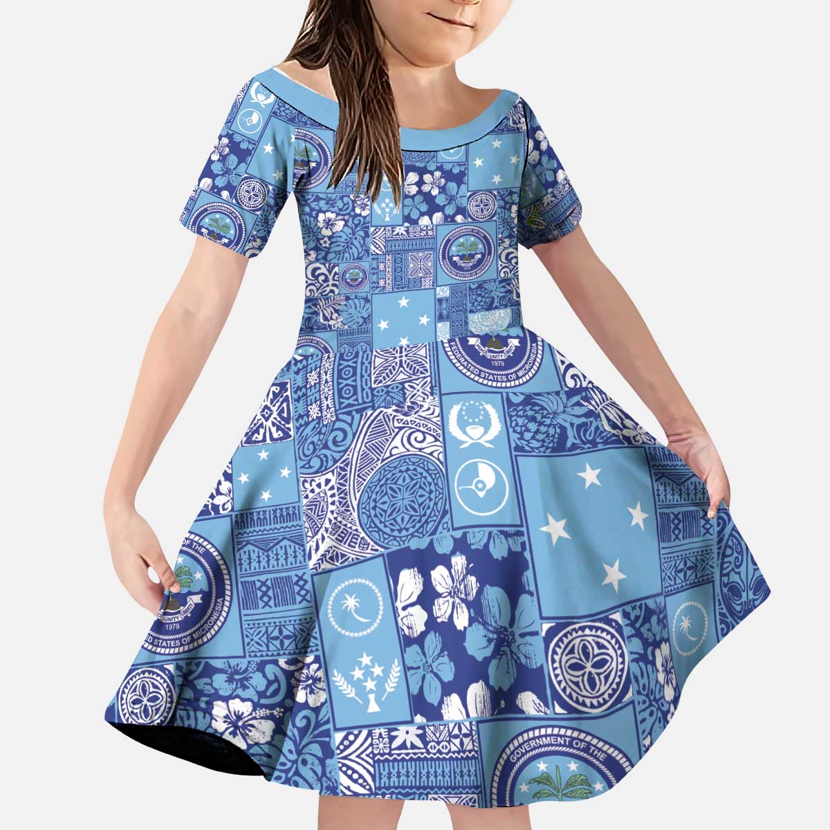 Federated States of Micronesia Merry Christmas Kid Short Sleeve Dress Pacific Patchwork Xmas Vibes LT9 KID Blue - Polynesian Pride