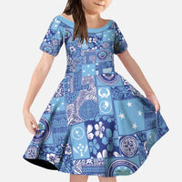Federated States of Micronesia Merry Christmas Kid Short Sleeve Dress Pacific Patchwork Xmas Vibes LT9 KID Blue - Polynesian Pride
