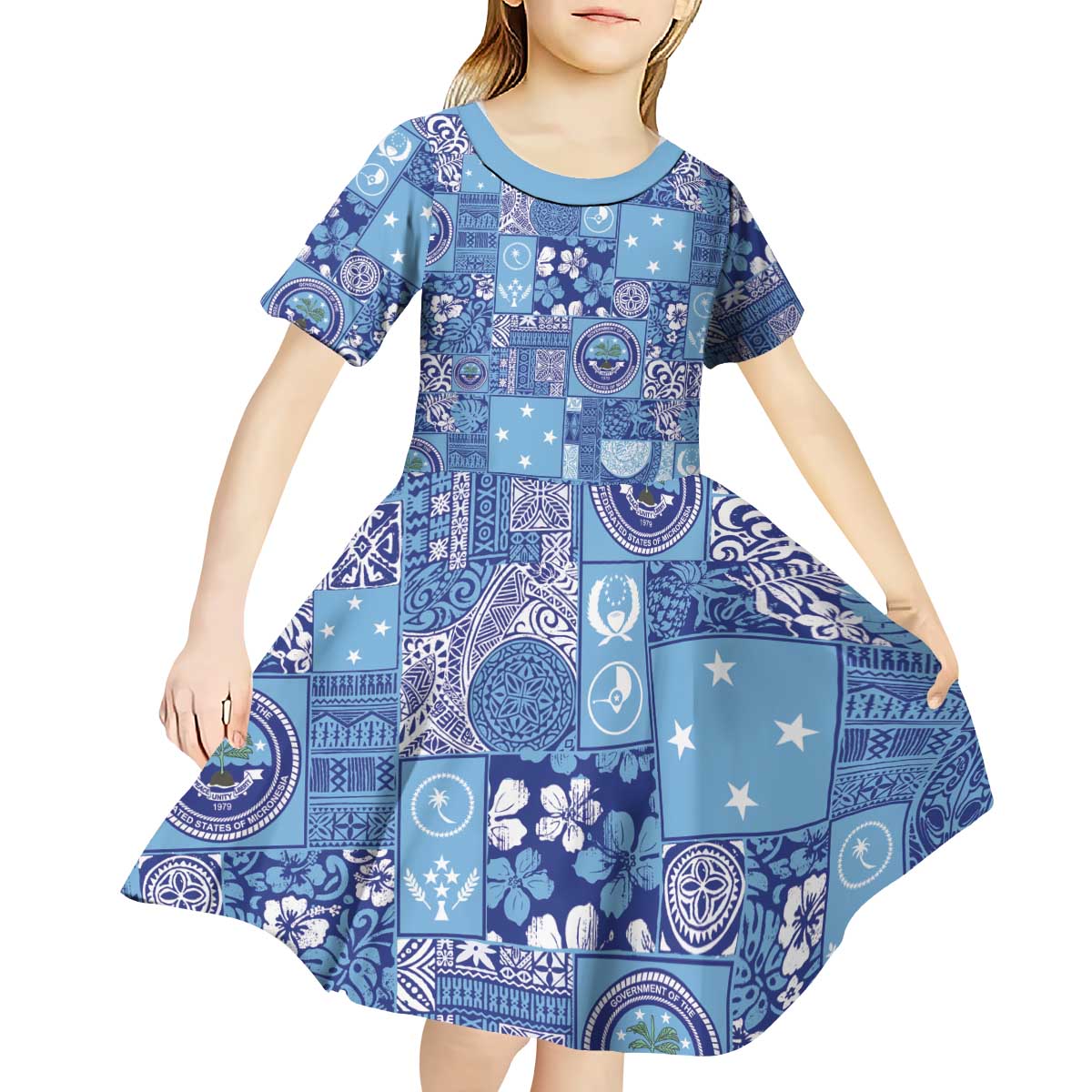Federated States of Micronesia Merry Christmas Kid Short Sleeve Dress Pacific Patchwork Xmas Vibes LT9 - Polynesian Pride