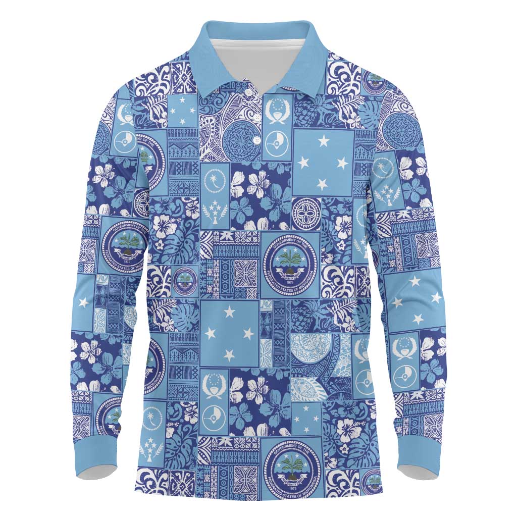 Federated States of Micronesia Merry Christmas Long Sleeve Polo Shirt Pacific Patchwork Xmas Vibes LT9 Blue - Polynesian Pride