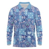 Federated States of Micronesia Merry Christmas Long Sleeve Polo Shirt Pacific Patchwork Xmas Vibes LT9 Blue - Polynesian Pride