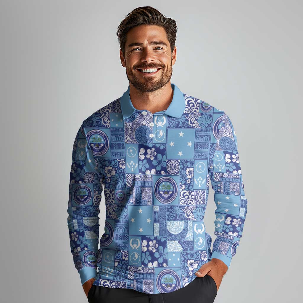 Federated States of Micronesia Merry Christmas Long Sleeve Polo Shirt Pacific Patchwork Xmas Vibes LT9 - Polynesian Pride
