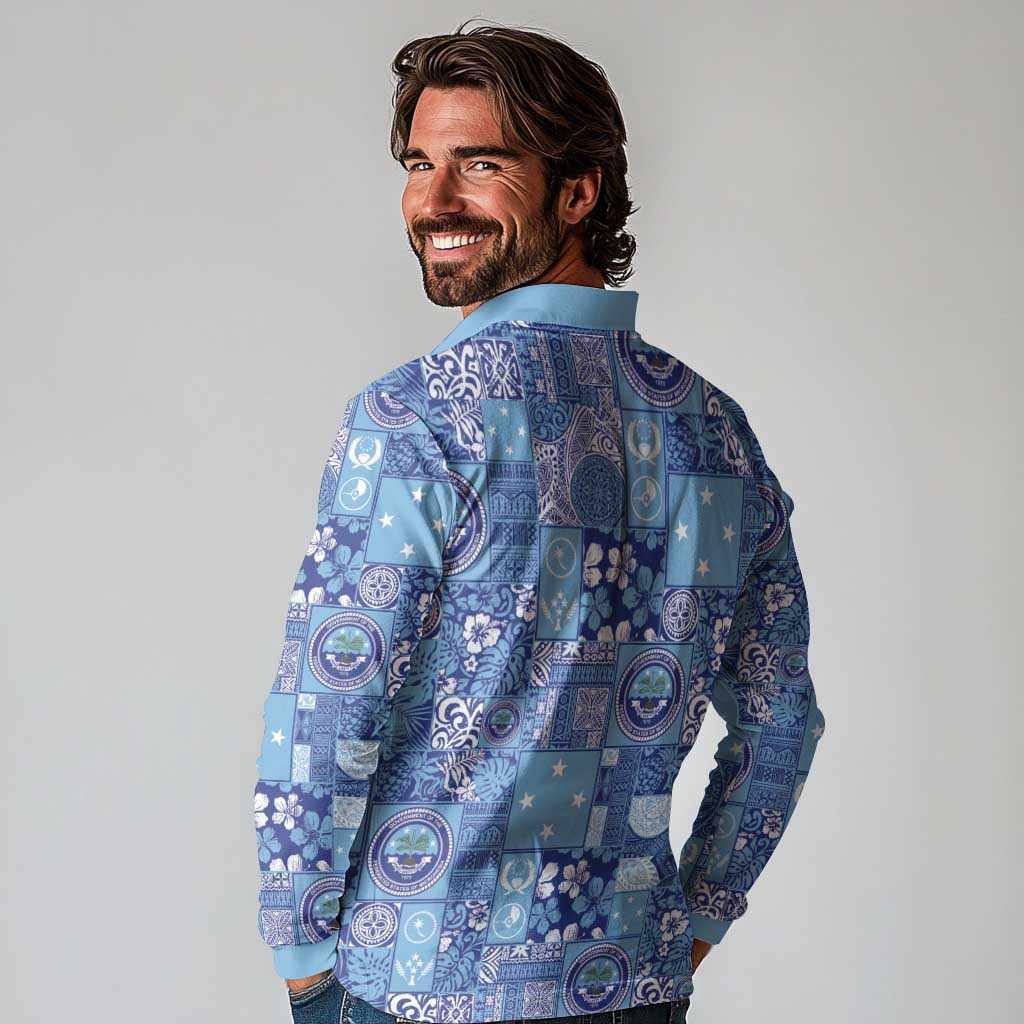 Federated States of Micronesia Merry Christmas Long Sleeve Polo Shirt Pacific Patchwork Xmas Vibes LT9 - Polynesian Pride